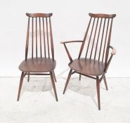 Set of five dark elm Ercol seated and beech framed stick-back chairs including two carvers (5)