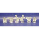 Six glass models of animals, each frosted with clear glass bases, comprising a pair of Goebel