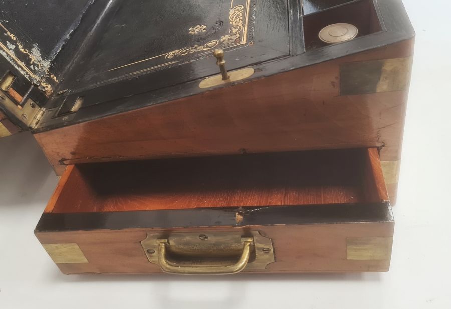 19th century walnut and brass bound writing slope with fitted interior and drawer under Condition - Image 4 of 5