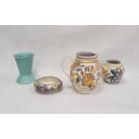 Poole pottery jug in grey, yellow and orange, a vase, a bowl and a Langley pottery vase in turquoise