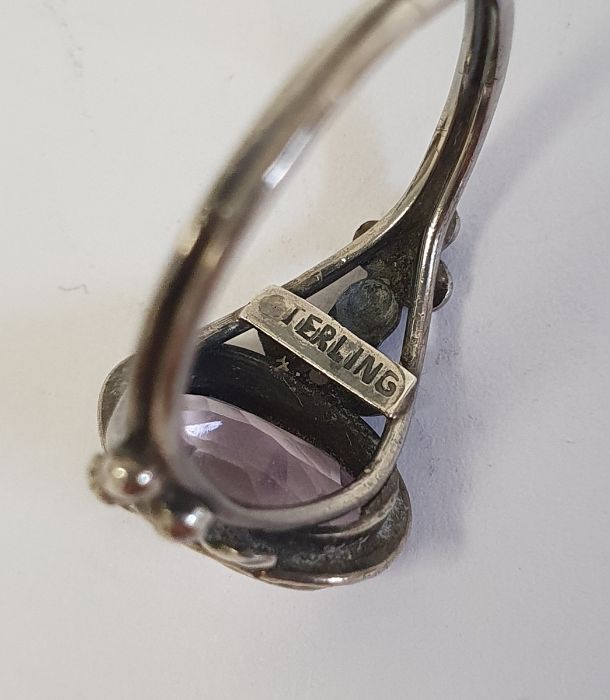 Silver bangle initialled, silver amethyst ring, silver brooch and other silver and coloured - Image 3 of 6