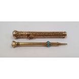 Two gold-coloured propelling pencils, one set with  bloodstone and turquoise, the other with