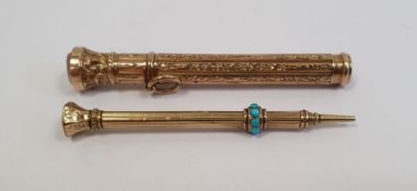 Two gold-coloured propelling pencils, one set with  bloodstone and turquoise, the other with