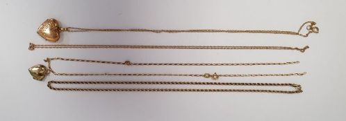 9ct gold fine rope chain, fine 9ct gold chain (damaged) and another a gilt metal heart-shaped locket