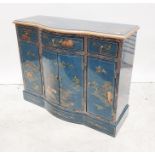 Chinese style blue ground sideboard, three drawers above four cupboard doors, plinth base, 106cm x