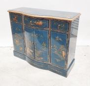 Chinese style blue ground sideboard, three drawers above four cupboard doors, plinth base, 106cm x