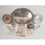 Quantity of plated ware to include a two-handled tray,  flatware, toast rack, etc. (1 box)