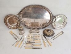 Quantity of plated ware to include a two-handled tray,  flatware, toast rack, etc. (1 box)