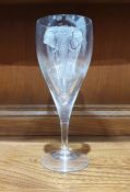 Lesley Pyke, wine glass with engraved elephant, signed, together with a modern glass decanter (2)