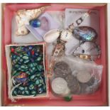 Timex and Ingersoll lady's wristwatch, silver cross pendant, assorted coins, beaded necklace etc (