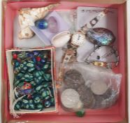 Timex and Ingersoll lady's wristwatch, silver cross pendant, assorted coins, beaded necklace etc (