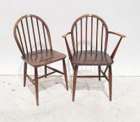 Set of six dark elm Ercol stick-back chairs (4+2), dark elm seats, beech back and base (6)