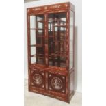 Pair of Chinese style cabinets with mother-of-pearl decoration on eastern hardwood frame, glazed