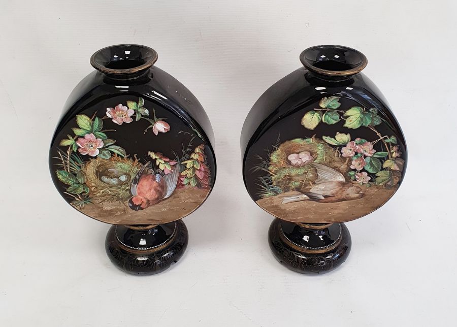 Pair of Victorian opaque black glass vases of shaped moonflask design, on circular pedestal bases, - Image 3 of 8