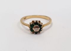 Green and white stone cluster ring, marked 18ct, finger size M, approx. 3g