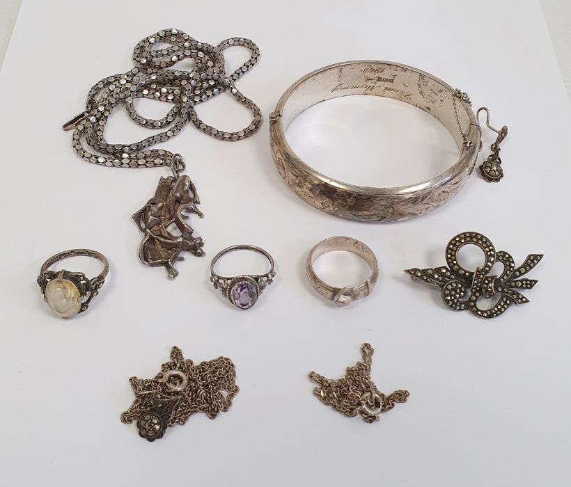 Silver bangle initialled, silver amethyst ring, silver brooch and other silver and coloured
