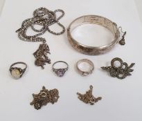 Silver bangle initialled, silver amethyst ring, silver brooch and other silver and coloured