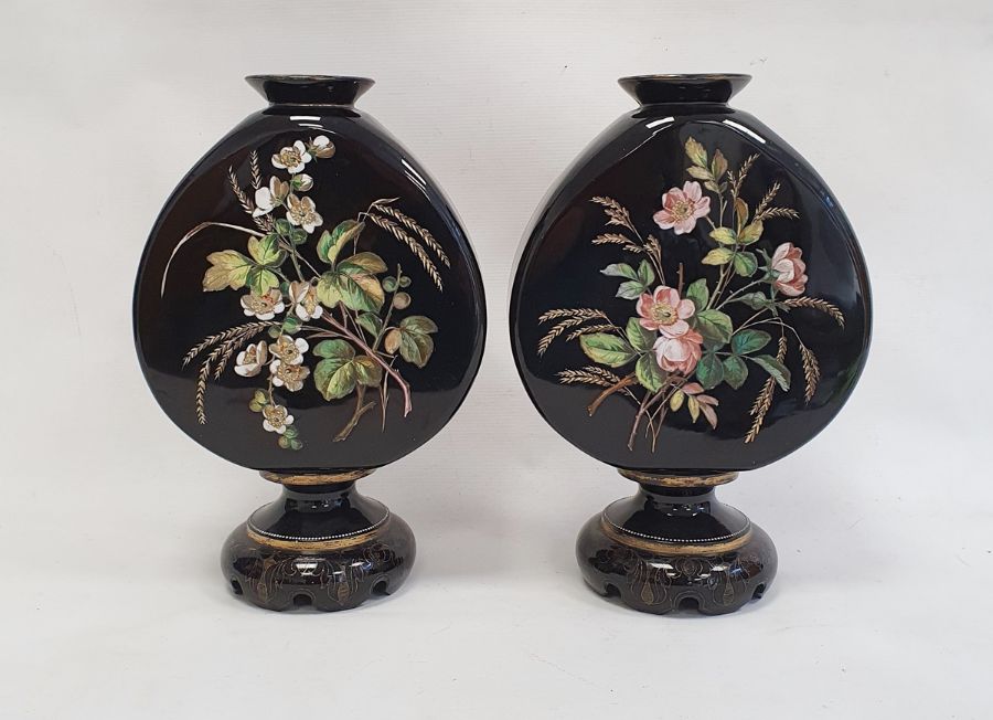 Pair of Victorian opaque black glass vases of shaped moonflask design, on circular pedestal bases, - Image 2 of 8