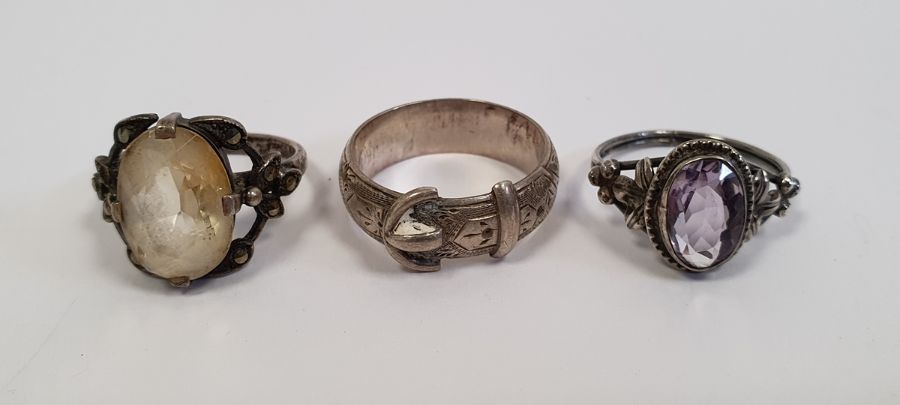 Silver bangle initialled, silver amethyst ring, silver brooch and other silver and coloured - Image 2 of 6