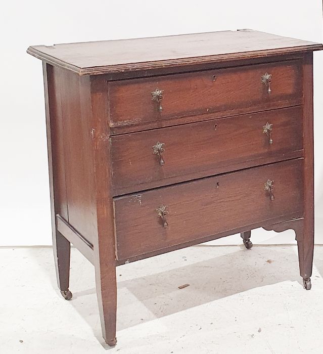 20th century oak chest of three drawers, square section tapering supports to castors, 76cm x 79cm