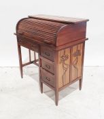 20th century Arts & Crafts style desk, the leather top with cut decoration, roll top, leather