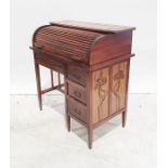 20th century Arts & Crafts style desk, the leather top with cut decoration, roll top, leather