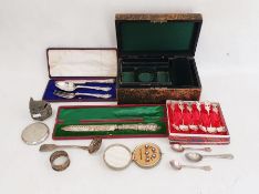 Few cased plated items, loose spoons, jewellery box, etc (1 box)