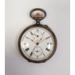 Swiss silver keyless open face calendar pocket watch with white enamel dial Roman numerals, two