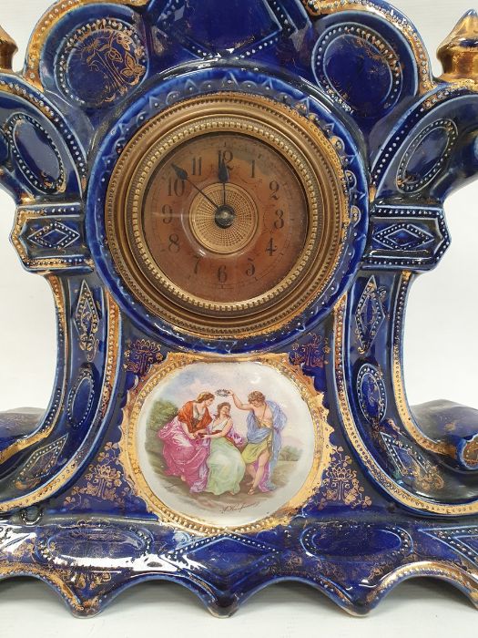 Ceramic bodied mantel clock by Royal Warwick, blue ground with gilt decoration and Arabic numerals - Image 2 of 4