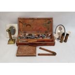 Wooden artist's box, the interior containing a folding travelling palette, tubes for oil paint,