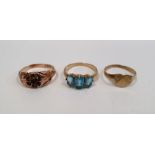 WITHDRAWN - 9ct gold and turquoise three stone set ring, 2g approx.,a 9ct gold heart-shaped engraved