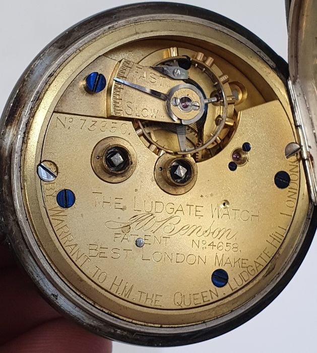 Gentleman's Victorian JW Benson open-faced silver pocket watch, Roman numerals and subsidiary - Image 7 of 7