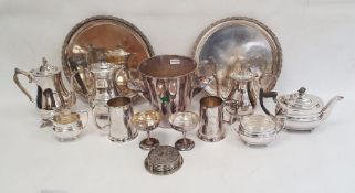 Quantity of plated ware, tankards, coffee pots, teapots, sugar bowls and a wine bucket