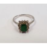 14ct white gold emerald and diamond cluster ring, the baguette-cut emerald 4mm in diameter
