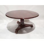 19th century mahogany circular breakfast table on faceted column to triform base, bun feet to