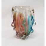 Studio glass vase of oval form with lobed decoration, in pink, brown and blue, 24cm high