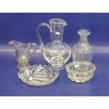 Dartington glass jug, a 19th century water carafe of panelled design, a pressed glass jug and two
