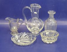 Dartington glass jug, a 19th century water carafe of panelled design, a pressed glass jug and two