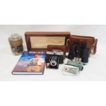Glass jar and contents of mixed coinage, a pair of binoculars in leather case, a Zeiss Ikon