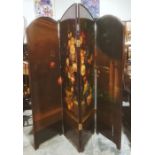 Victorian four-fold draught screen painted with still life floral study, on a brown ground