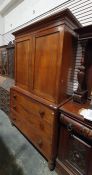 19th century mahogany linen press, two flame mahogany doors enclosing linen press drawers, base