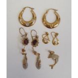 Pair 9ct gold hoop earrings, 1.5g approx., a 9ct gold dolphin drop pendant, 1g, pair 9ct gold drop