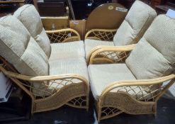 Cane conservatory suite and two armchairs, oatmeal upholstery