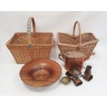 Copper watering can, two baskets, a turned wooden bowl, a microscope and accessories in case and