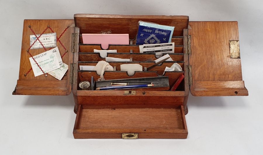 Late 19th/ early 20th century oak desk tidy the twin doors opening to reveal sectioned interior, - Image 2 of 2