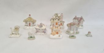 Quantity of Staffordshire cottages, a pair of Dresden miniature model sheep and a Staffordshire