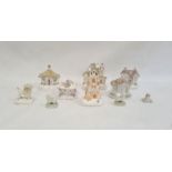 Quantity of Staffordshire cottages, a pair of Dresden miniature model sheep and a Staffordshire