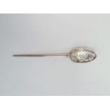 Georgian silver mote spoon with pointed finial cross and scroll piercing to spoon, maker's mark W.P,