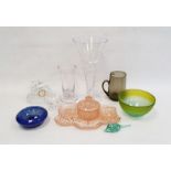 Sowerby glass Art Deco dressing table set, a Whitefriars jug, two Dartington candleholders by