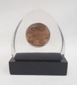 Ford 30 commemorative medal in a perspex case, on rectangular stand, 16cm high